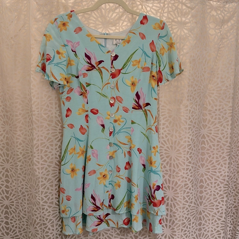 🌸 Vintage 90s Aqua Floral Rayon Ruffle Button Front Mini Dress 6P